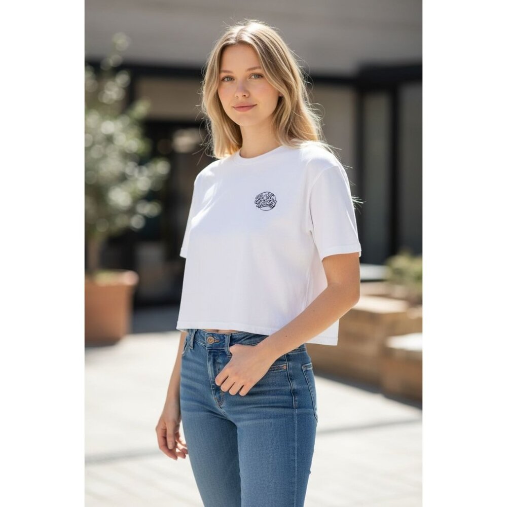 NEW Body Factory Womens Size XL White Cropped T-Shirt Logo Cotton Stretch Gym